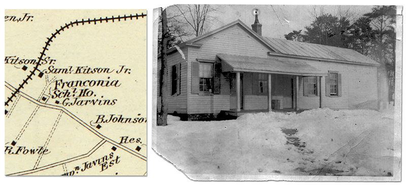 On the left, a map, drawn in 1878, shows the location of the very first Franconia School, a one-room schoolhouse, on what it today called Old Franconia Road. The original alignment was curved so a new, straighter road, was cut through north of this one in the twentieth century. A small square building with the words Franconia School House is pictured on the map. On the right is a black and white photograph of the two-room, frame, Franconia School. The picture was taken during the winter because a walkway to the front door has been shoveled and snow is piled on either side. The building has one classroom facing the camera. The second room is perpendicular to the first and an addition to the back of that room is visible. The building has a tin roof and a single chimney is visible. Each classroom has its own separate entrance, both covered by a single awning.